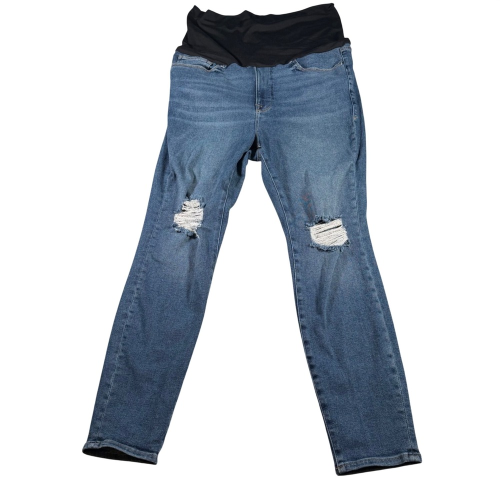 Good American Maternity Jeans Women 15 Blue Distressed Over Belly Skinny Stretch